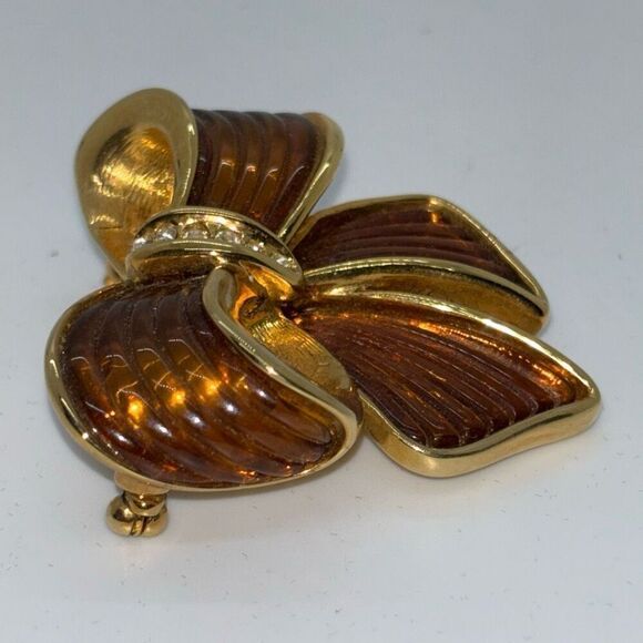 Joan Rivers Vintage brown ribbon bow amber resin crystals lucite brooch pin +box - Picture 3 of 9